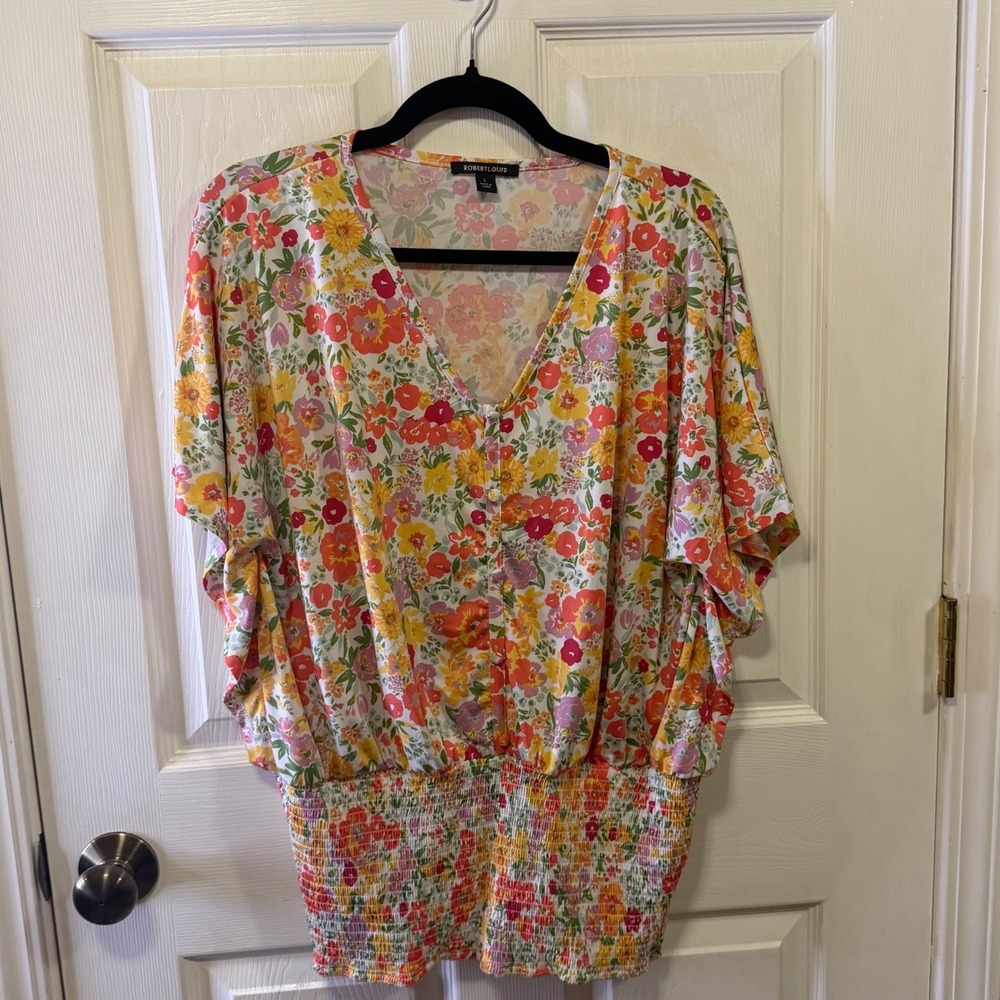 Robert Louis Women Large Floral Smocked Waist V-Neck Button Front Dolman Blouse
